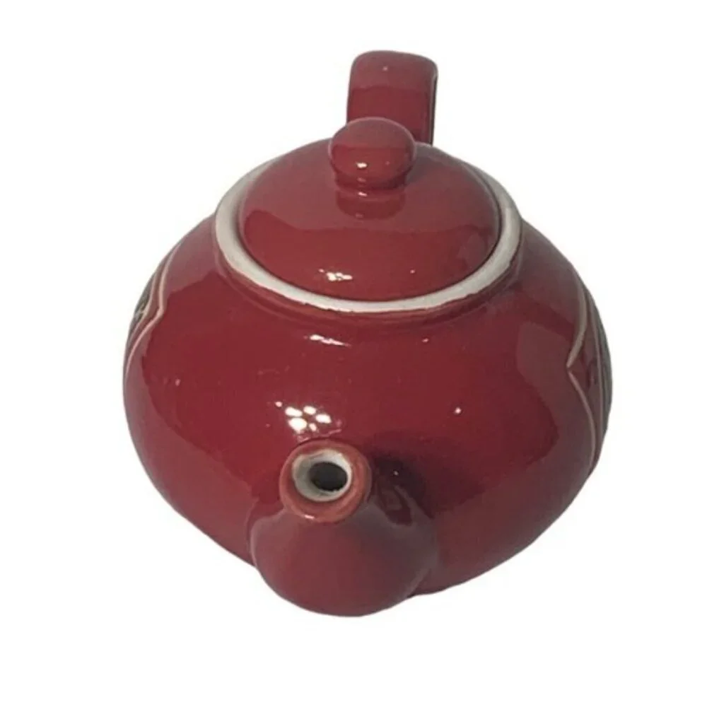 Teapot Vintage Hand Painted Ceramic Multipurpose Mini Earth Tone Rustic Red